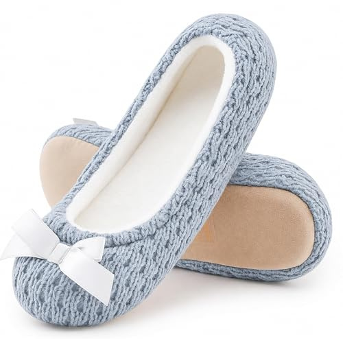 MIXIN Womens Ballerina Slippers Ballet Knitted House Shoes for Ladies Blue UK 8