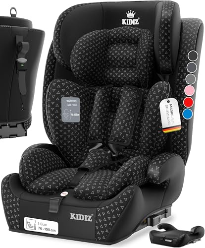 KIDIZ® Autokindersitz mit Isofix i-Size R129 100-150cm bis 12 Jahre, Kinderautositz Gruppe 1/2/3, mitwachsender Kindersitz, 5-Punkt-Gurt, höhenverstellbare Kopfstütze, Sitzerhöhung Auto, Schwarz