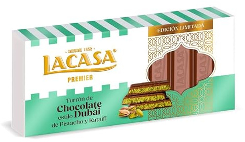 Turrón LACASA – Tableta Gourmet | Variedades exóticas con chocolate y frutas – Turrones premium para Navidad y ocasiones especiales (200gr, Chocolate Dubai)