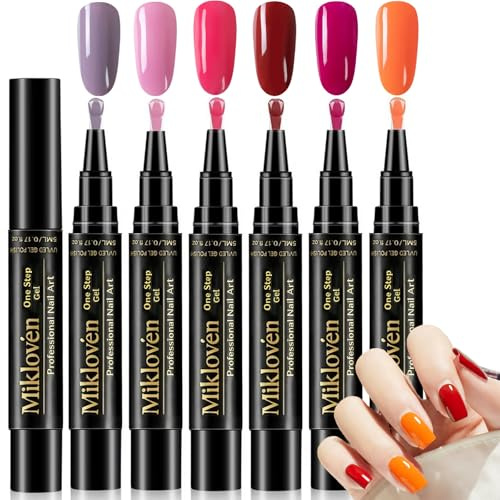 6 Pack Gel Nail Polish Pen Set, Purple Pink Red Orange Shades, Quick-Dry Nail Pens with Glossy Long-Lasting Finish, Portable Pen-Style Tools for DIY Manicure and Beginner, Works with Nail Lamp