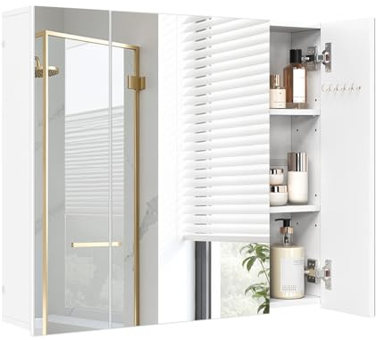 EUGAD Spiegelschrank mit 3 Türen, für Badezimmer Wohnung, Hängeschrank mit verstellbaren Einlegeböden und Haken, Skandinavischer Stil, Weiß, 70 x 61 x 14,5 cm