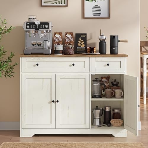 VASAGLE Aparador, Muebles de Cocina, 2 Cajones, 3 Puertas | Estantes Ajustables, Rincón de Café, 40 x 106,8 x 80 cm, Blanco Rústico, Colección SIREN LSC531WJ01