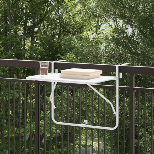 QJBSAVVA Folding Balcony Hanging Table 60 x 39 x 65 cm White Steel Small Patio Bistro Outdoor Tea Table Modern Foldable Space-Saving for Balcony Garden Terrace