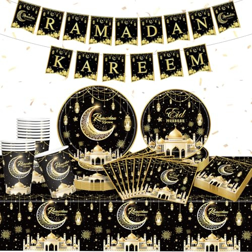 EID Ramadan Party Tableware Supplies Decorations for Home, Eid Ramadan Mubarak Banner Black and Gold Paper Plates and Napkins Set, Tablecloth for Ramadan Party Decorations, Serve 16
