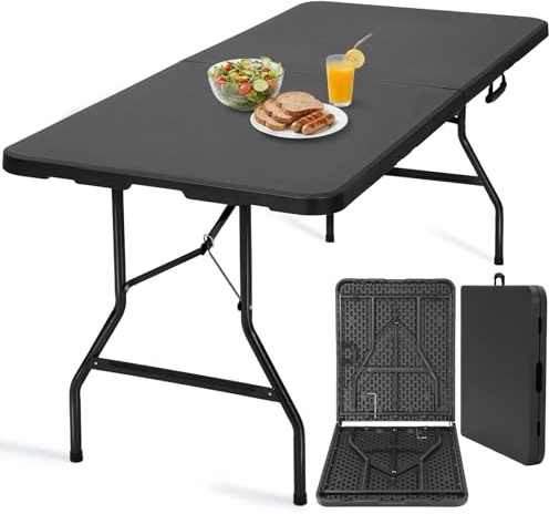 Velway Buffettisch Gartentisch Klappbar 180x75cm Wetterfest Klapptisch | Schneller Einsatz, Kunststoff, Stabil Tisch mit Tragegriff, 6-8 Personen, Garten Terrasse Camping Balkon Partytisch, Schwarz