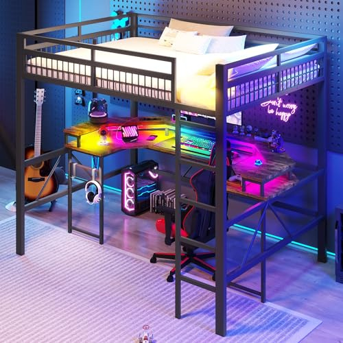 Dolamaní Hochbett 140x200 cm Metall mit Computertisch-Design und Treppe, Schreibtisch mit farbwechselnder LED, 1 USB-Anschluss + 1 Typ-C-Anschluss und 2 Steckdosen, ohne Matratze (Schwarz)