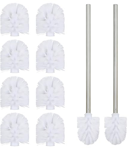 10 Testine di Ricambio per Scopino Bagno WC con 2 Aste in Acciaio Inox, Spazzola per Water con Testina Grande da 9 cm, Antiossidante, Lunghezza Totale 35 cm, Per Pulizia Bagno