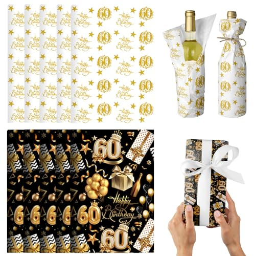 POPOYU 10 Blätter Geschenkpapier Schwarz Gold,Geschenkpapier 60. Geburtstag Männer Frauen,70x50cm Geschenkpapier.60. Geburtstag,GeschenkpapierGeburtstag Schwarz Gold für 60.Geburtstage Party Deko