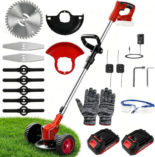 Uadme Debroussailleuse Electrique sans Fil Coupe Bordure 21V avec 2 Batteries 1.5Ah, Roues, 4 Type Lames, Poignée Réglable, Pliable, Tête Pivotante 90° pour Jardin Élagage