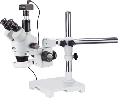 AmScope SM-3TZ-54S-5M Trinokulares LED Boom Ständer Stereomikroskop mit 5MP Kamera, 3.5X-90X, Weiß