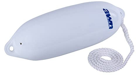 AWN Bootsfender, Langefender mit Leine, mit 1,5 m Fenderleine, hochwertiges Messingventil, robuster Schutz, Fender für Boote, Ø 14x53 cm, Weiß