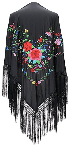 La Senorita Spanischer Manton/Tuch schwarz mit Blumen-Franzen schwarz Größe L