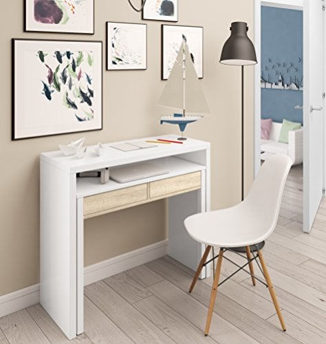 Dmora - Billings Schreibtisch, PC-Schreibtisch mit ausziehbarer Platte, 2 Schubladen, 99 x 36 x 88 cm, Weiß und Eiche