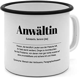 Emaille-Tasse mit Definition Anwältin - Tasse mit Spruch, Wörterbuchtasse, Geschenktasse, witzig, Kaffeebecher, Becher, Tasse, Becher - Farbe Weiß/Schwarz