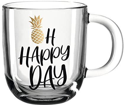 Leonardo Emozione Geschenk Tasse oh happy day, 1 Stück, spülmaschinengeeignete Glas-Tasse, Tee-Tasse mit Ananas Motiv und Schriftzug, 400 ml, 046412