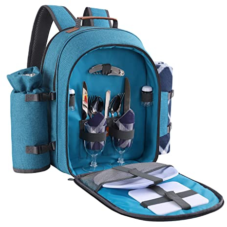 Apollo Walker Picknick-Rucksack Set für 2 Personen mit Kühlfach, abnehmbarem Flaschen-/Weinhalter, Fleecedecke, Teller und Besteckset (Blaugrün)