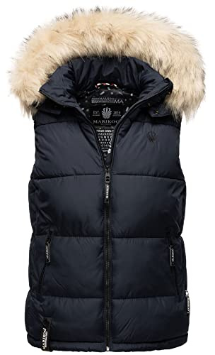 MARIKOO Damen Winter Weste Steppweste mit Kapuze und Fellkragen B896