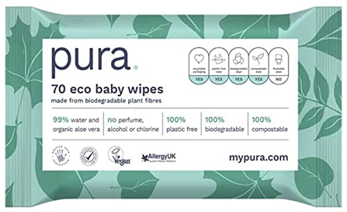 Pura Eco Friendly Baby Wipes, 99% Water, 100% Plastic Free, Biodegradable, Compostable, Vegan, Suitable for Sensitive, Eczema Prone and Newborn Skin, Vegan, 1 Pack of 60 Water Based Wet Wipes