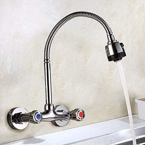 DGKLNDSY Grifo de cocina de acero inoxidable, grifo ajustable, montaje en pared, grifo de cocina de dos manijas, grifo de cocina de 360°, cromo de pared