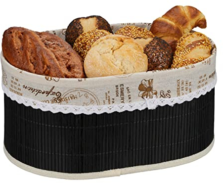 Relaxdays Brotkorb, Paris Design, Bambus, abnehmbare Stoffeinlage, HBT: 16 x 34 x 24 cm, ovaler Frühstückskorb, schwarz