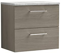 nuie ARN2524LBG Arno Modern Bathroom Wall Hung 2 Drawer Vanity Unit with Laminate Worktop, 600mm, Woodgrain Anthracite/Bellato Grey