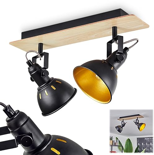 Deckenleuchte Tina, moderne Deckenlampe aus Metall/Holz in Schwarz/Chrom/Gold/Hellbraun, Leuchte im Retro-/Vintage-Design mit verstellbaren Schirmen u. Lichteffekt, 2-flammig, E14, ohne Leuchtmittel