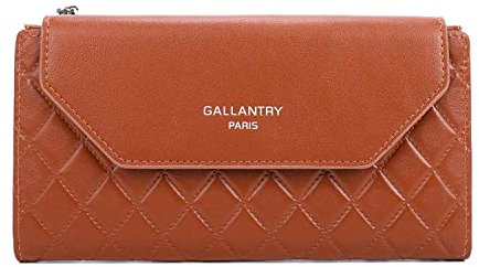 Gallantry Portefeuille Femme Longue Tri-pli - Porte-Carte Monnaie Tout-en-Un - Similicuir Matelassé Carreaux Fermeture Eclaire Magnétique - Fin Léger - Camel Longue