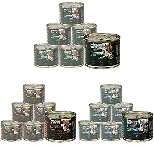 Dehner Wild Nature Katzenfutter: Auwald, Hirsch/Truthahn, Hochmoor, Ente/Pute, Gebirgssee, Lachs/Forelle - 6 x 200 g, 3600 g