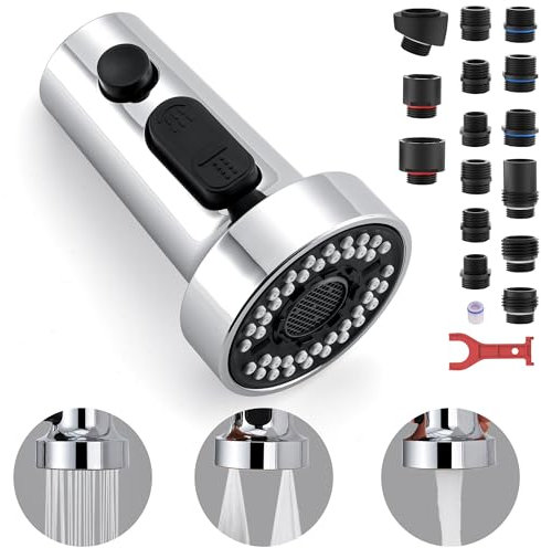 TIORIY Kitchen Faucet Head Replacement with 15 Adapters, 3 Function Pull Down Kitchen Faucet Spray Head, Pull Out Kitchen Sink Tap Sprayer Nozzle, Chrome, Plastic