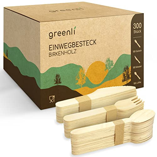greenli® Einwegbesteck Set - 300 Holzgabeln, Holzmesser und Holzlöffel - Nachhaltiges Holzbesteck Einweg