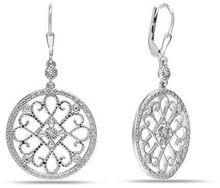 LeCalla 925 Sterling Silber Tropfen Ohrringe | Openwork Runde große Schmuckstücke | 0,03 Karat Diamant Hebelrücken Tropfen baumeln Ohrringe für Frauen - 45MM