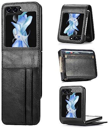 Wallet Case for Samsung Galaxy Z Flip 5 Case 5G Shockproof Hybrid Hard PC Interior PU Leather Back Shell with Card Slots Holder Pouch [Full Body Protection] Phone Cover for Men Women Boys Black