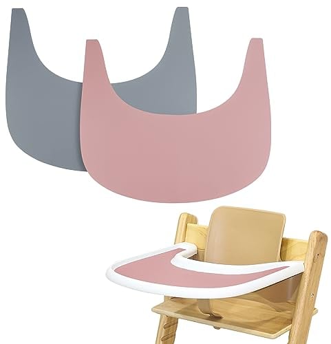 Hochstuhl Tischset, 2 Stück Strapazierfähiges Hochstuhl Tischset Silikon, für Tripp Trapp Hochstuhl Zubehör, Geeignet für Tripp Trapp Hochstuhl Tablett (Grau/Rosa)