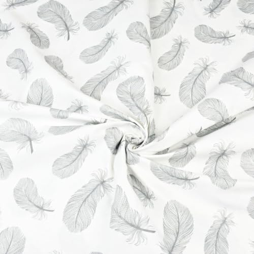 Textrend Baumwollstoff Stoffe Meterware - Stoff zum Nähen - 100% Baumwolle - Textilien 1x1.6m - Stoffe Meterware - Stoff mit Vogelfedermuster (Graue Federn auf weißem Hintergrund)