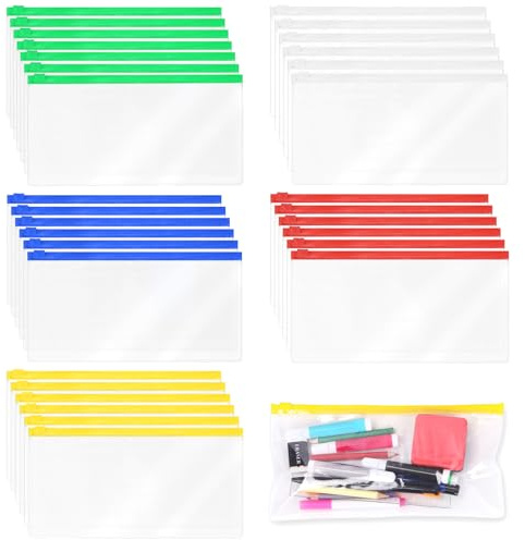 Swpeet 30Pcs 5 Farben 9.1 x 4.7 Zoll Plastikumschläge Poly Reißverschluss Umschläge mit Reißverschluss Kit, Dateien Reißverschluss Ordner Wiederverwendbare klare