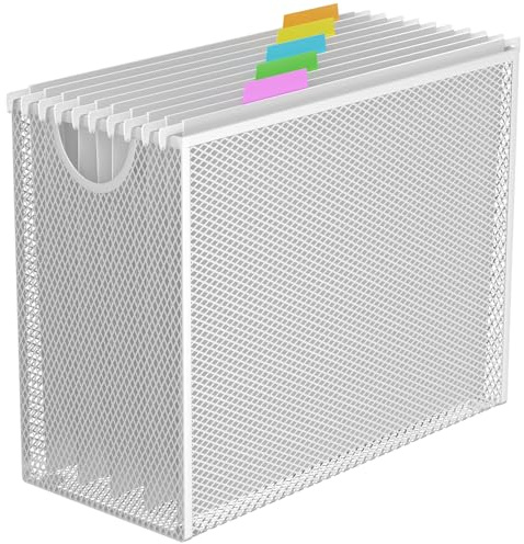 GoldOrcle Weiße Hängeregistratur-Organizer-Box, Hängeregistratur-Ordner-Rahmen mit 5 hängenden Ordnern in Briefgröße, Metallgeflecht, Schreibtisch-Ordner, Aufbewahrung (keine Montage erforderlich)