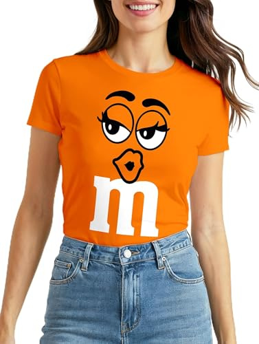 MoonWorks® Damen T-Shirt Fasching Karneval M Aufdruck Gruppen- Kostüm Verkleidung Last Minute Faschingskostüme Frauen Slim Fit Orange XS