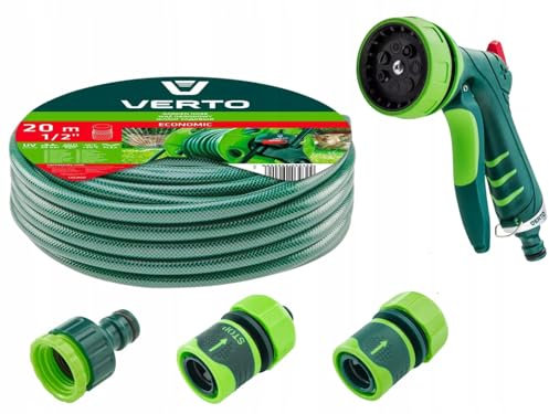 VERTO Gartenschlauch 1/2 Zoll - 20 m + Wasserspritze (7 Funktionen) + 3 Stück Anschluss Kit | Gartenbewässerung Komplettes Starterset - Grün Schlauch ist UV-beständig, Max 20 Bar, -5°C bis +30°C
