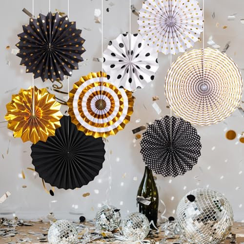 SUNBEAUTY Pack of 8 Gold Black Paper Fans - Classroom & Halloween Decoration - Hanging Fans - Home Party & Photo Backdrop Decorations