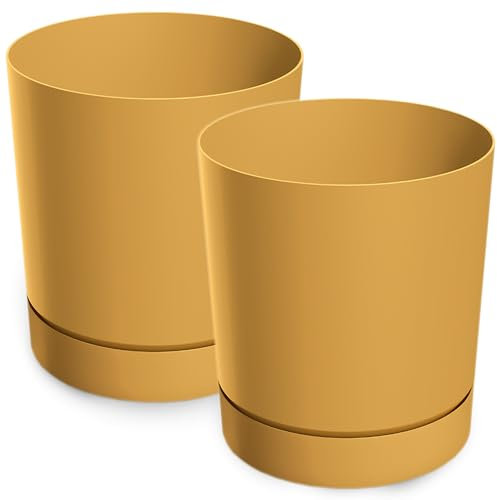 PECZEKO Lot de 2 pots de fleurs mats en plastique - Pot décoratif pour grandes et petites plantes - Diamètre : 30 cm - Moutarde