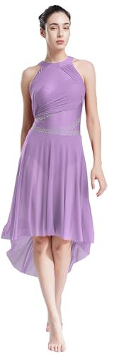 Yhong Damen Ballettkleid Lyrisches Tanz Kostüm mit Mesh Asymmetrisch Rock Ballett Trikot Body Kleid modernen zeitgenössischen Tanz Tüllkleid Helles Lila M