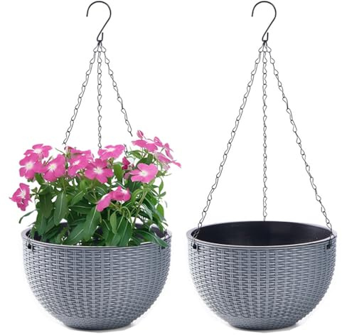 WOWEI Blumenampel Hangend 2er Set Hängeampel mit Wasserspeicher & Ablaufloch Selbstbewässerung Blumenampel Outdoor Indoor Hängeampel Pflanzen mit Ketten Blumentopf Hängepflanztöpfe (Grau, L:2 Set)