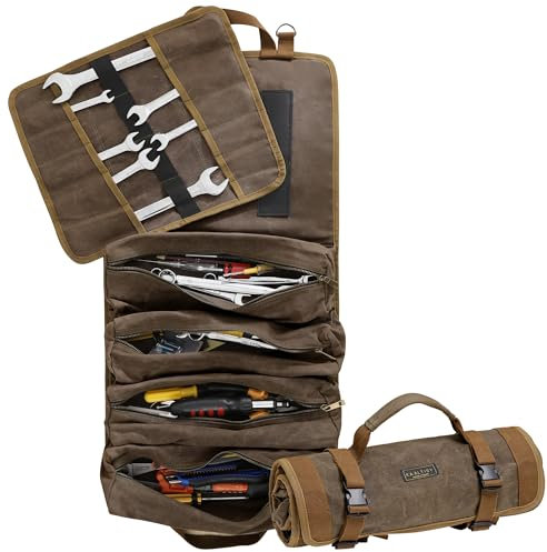 Multifunktionale Werkzeugrolle | 16oz gewachstes Canvas Roll mit 4 Taschen + 1 abnehmbare Rolle - Tragbare Werkzeugtasche für Hammer Schraubenschlüssel Meißel | 70x35cm | Grau