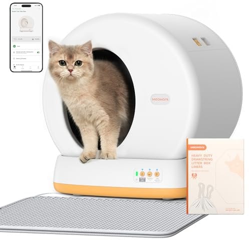 MeoWant Automatic Cat Litter Box,Anti Pinch Self Cleaning Litter Box for Multiple Cats, App Control/Odor Free/Extra LargAutomatic Cat Litter Box Includes Trash Bags, Yellow