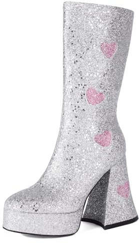 Donna Tacco a Blocco Stivali con Plateau Catene Tacco Alto Stivaletti Punta Rotonda Zip Moda Brillantini Scarpe, O186716Hy Argento Numero 38 EU/39Cn