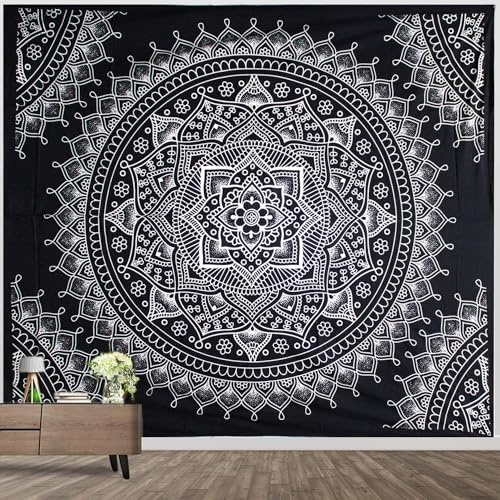 Roninkier Mandala Natur Wandteppich, Schwarz und Weiß Wandtuch Kunst Wandbehang für Schlafzimm (Mandala 1, 150 x 130cm)