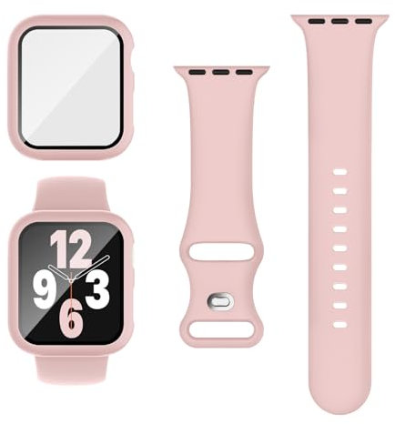 Raradev 3-in-1 per Cinturini Apple Watch 45mm con Custodia e Proteggi Schermo, Cinturino Sportivo in Silicone e Cover Protettiva con Vetro Temperato 9H per iWatch Serie 9/8/7, Rosa