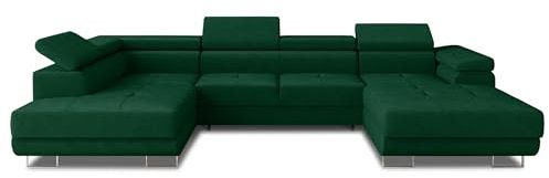 Wohnlandschaft Caris U mit Schlaffunktion und einstellbare Kopfstützen, Ecksofa mit Zwei Bettkästen, Couch, Sofa, Bettsofa (Grün (Kronos 19), Ecksofa Rechts)