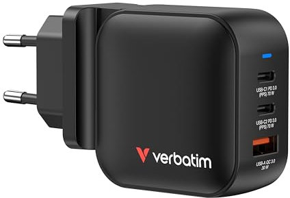 Verbatim Mini GaN Charger 70 W, 3 Ports USB-C Ladegerät, Power Adapter mit 2 x USB-C und 1 x USB-A, Schnellladegerät als Mehrfachstecker, für Laptops, Apple iPad, iPhone, Samsung & Co, für EU, UK, USA