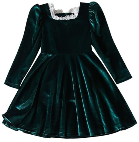 Generisch Girl's Fall and Winter French Lace Neckline Satin Long Sleeve Dress Princess Dresses Dresses Adventskalender Planeten (Green, 4 Years)